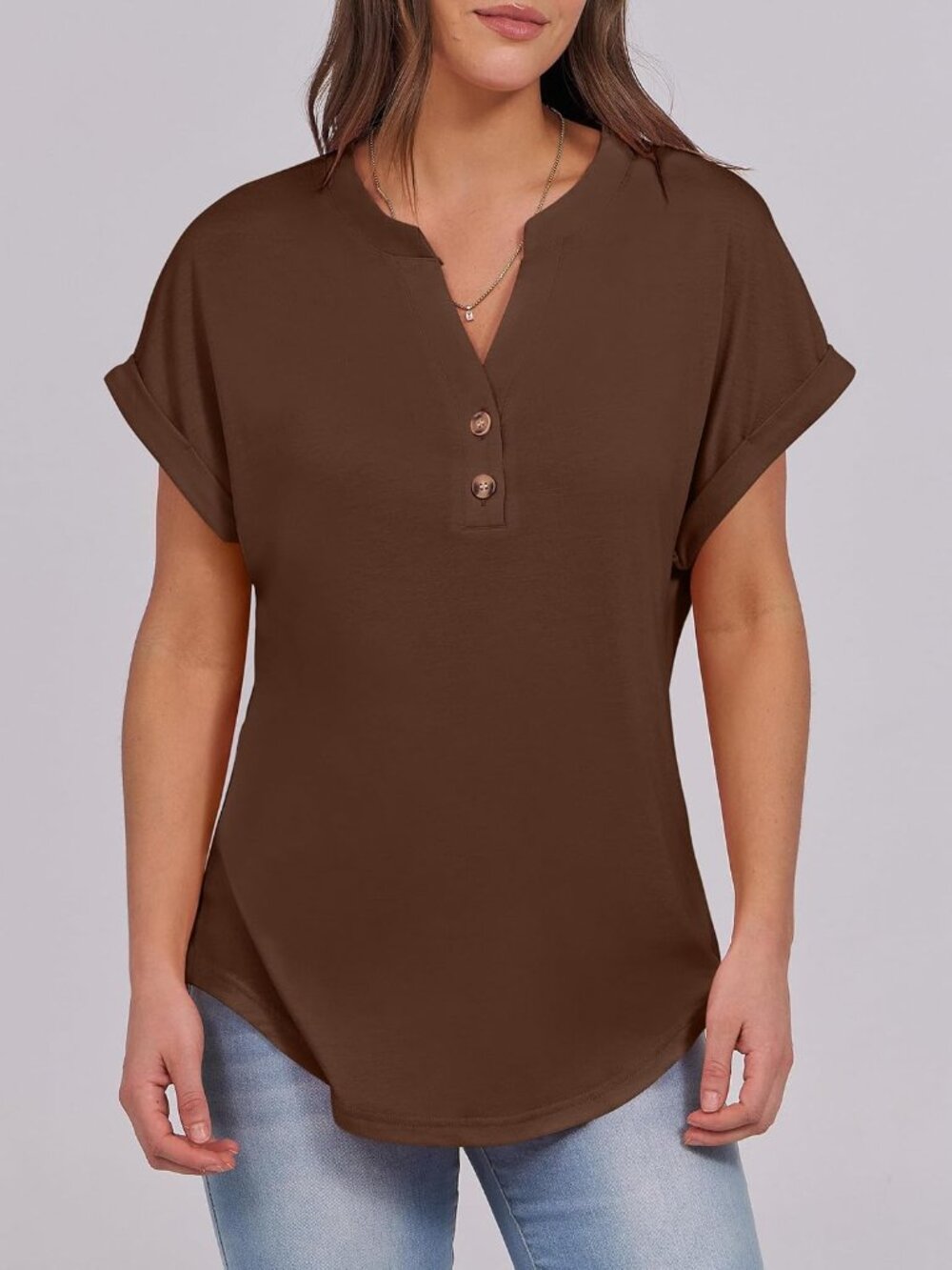 Women's Coffee Summer Short Sleeves Henley V Neck Comfortable Trendy Tee Shirts - Picture 2 of 6